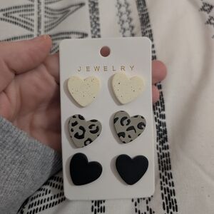Heart Stud Earring Set - Cream, Leopard Print, Black